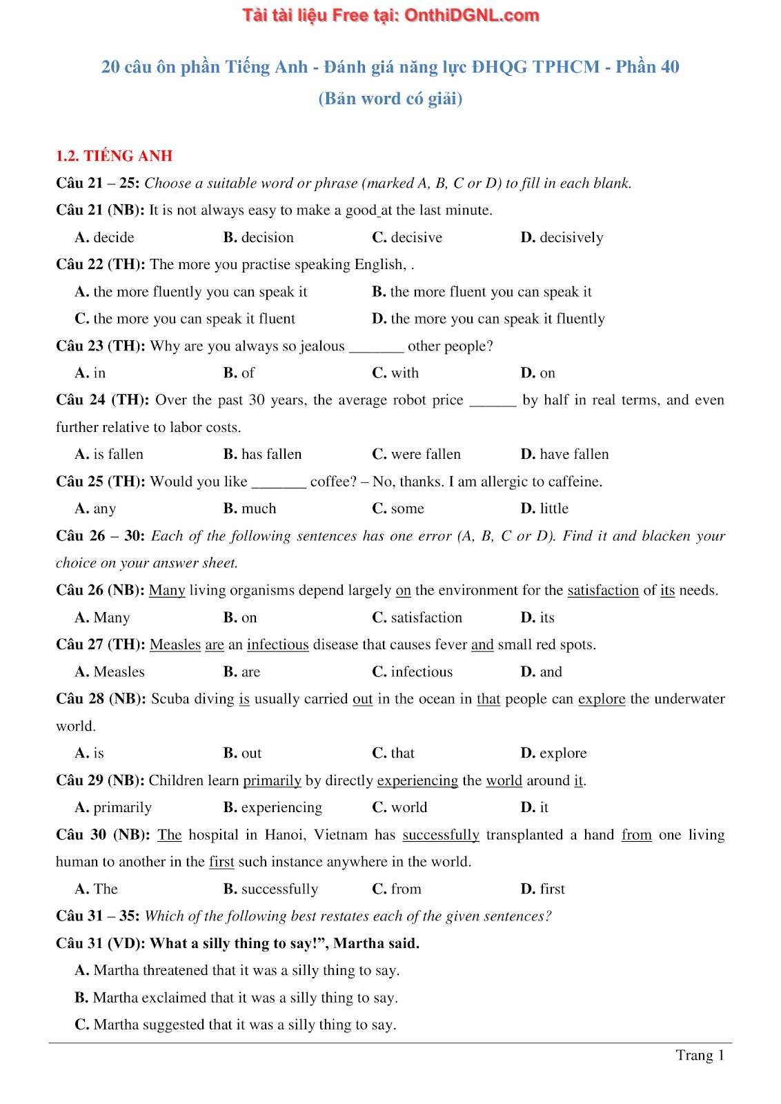 800 bài tập môn Tiếng Anh - Ôn thi ĐGNL ĐHQG TP HCM Phần 40