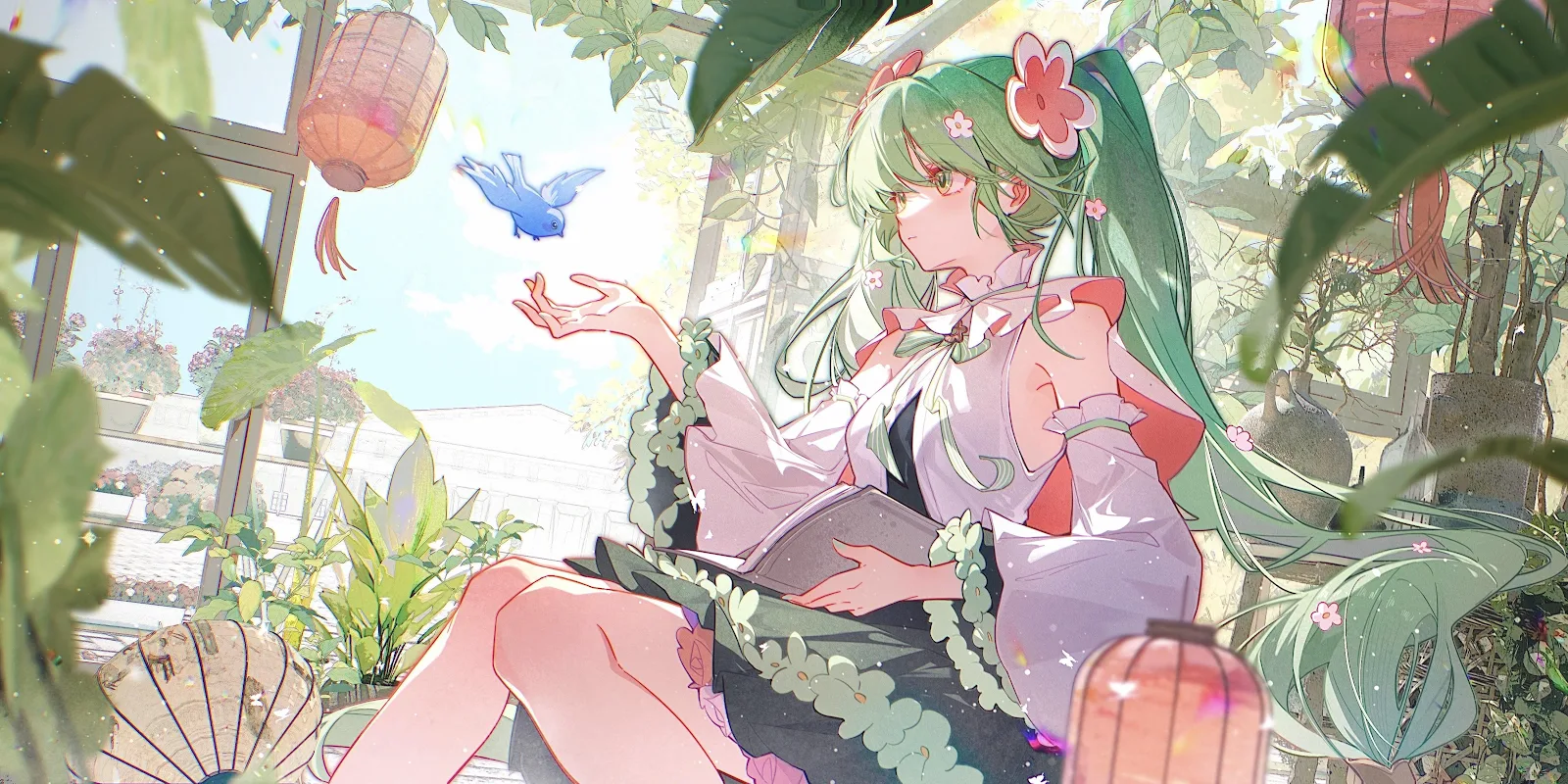 Anime Girl in Bright Garden - Digital Anime Art 4K Wallpaper (4406x2203)