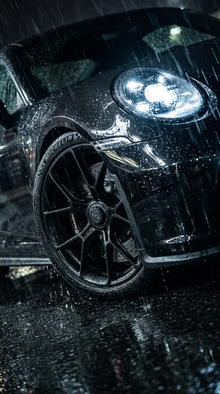 Close-up of a Black BMW Car parked in Heavy Rain - Free 8K and 4K mobile Wallpaper Background