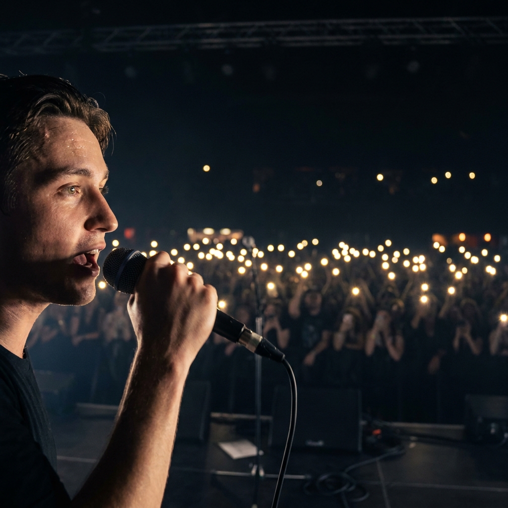 Close up of a singer on stage mid song with visible live audience and phone lights conveying national exposure and television scale american idol odds