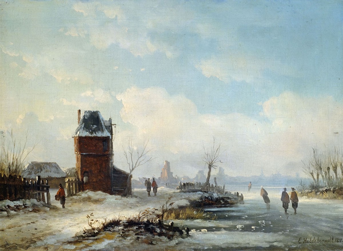 Winterliche Kanallandschaft mit Blick auf eine holländische Stadt 1851