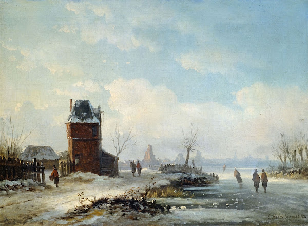 Winterliche Kanallandschaft mit Blick auf eine holländische Stadt 1851