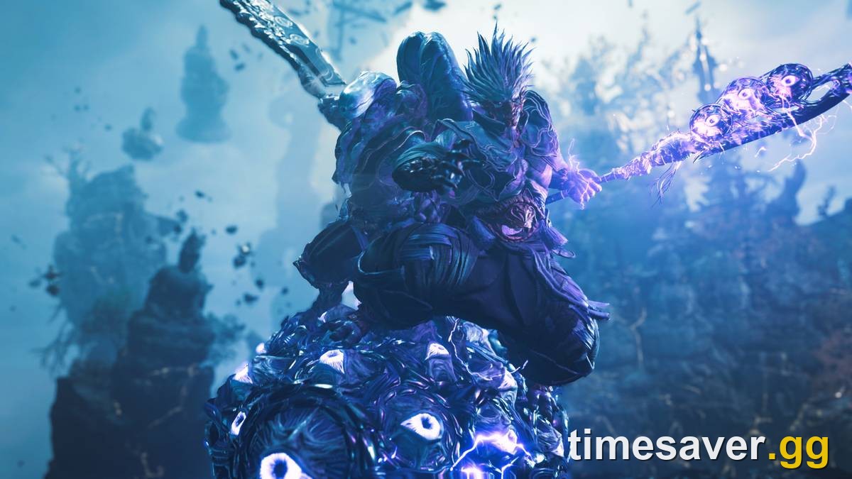 Onimusha: Way of the Sword boss arena with Musashi facing a large stone Genma in a blue-lit ruined shrine, illustrating a Carnage-difficulty boss rematch