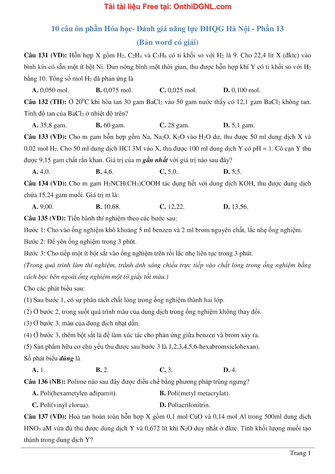 260 bài tập môn Hóa học - Ôn thi ĐGNL ĐHQG Hà Nội Phần 13