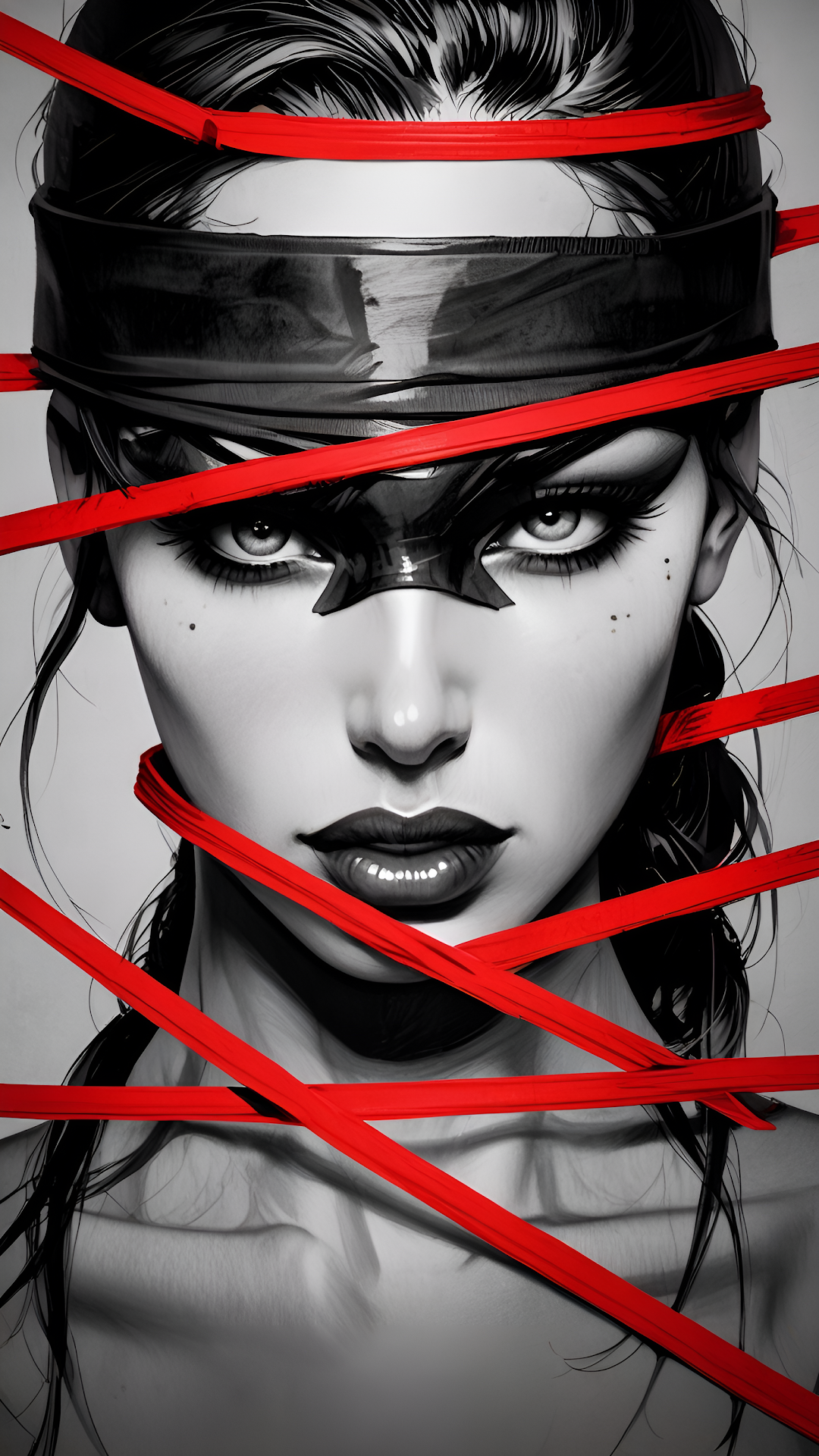 Woman with Red Tape Across Face in Monochrome - Free 4K mobile Wallpaper