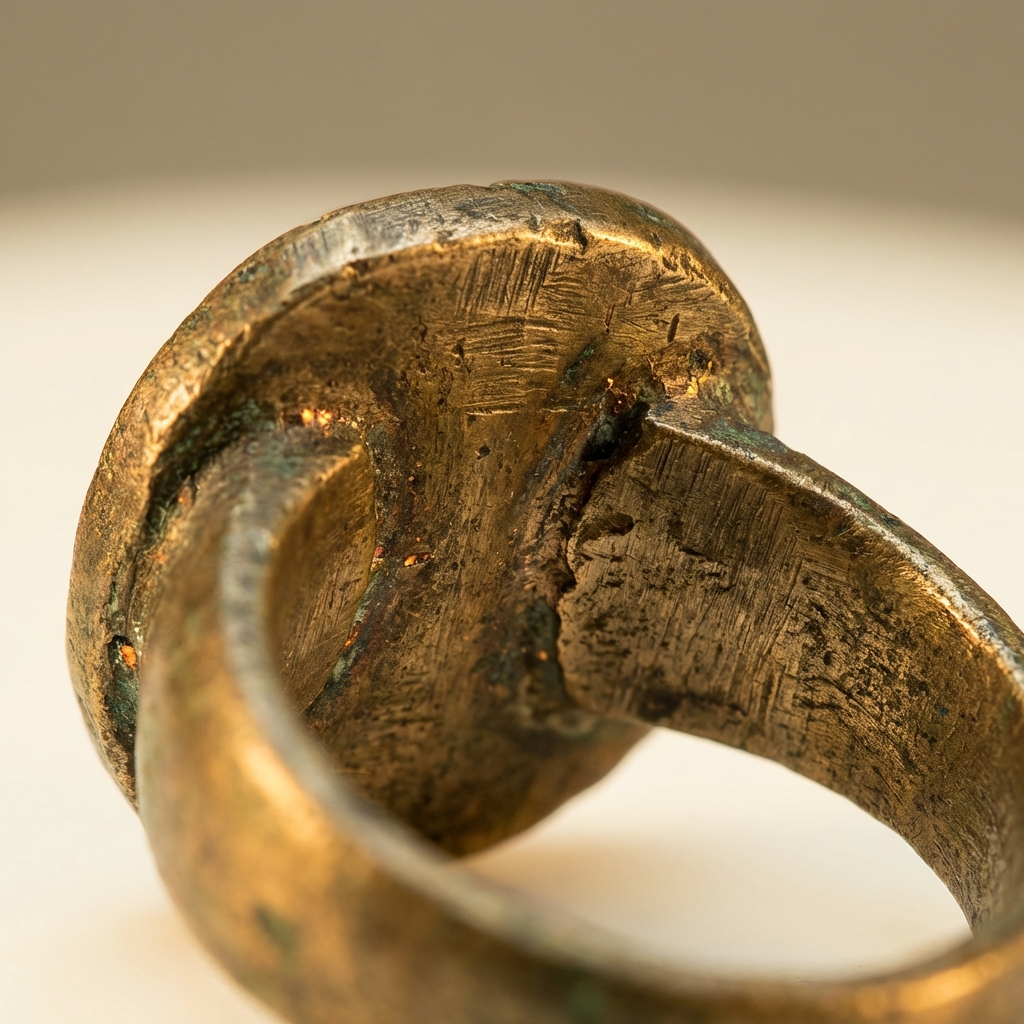 Macro studio photograph of ancient viking rings showing bronze bezel and interior solder seam with visible tool marks and patina on a soft ede7da background