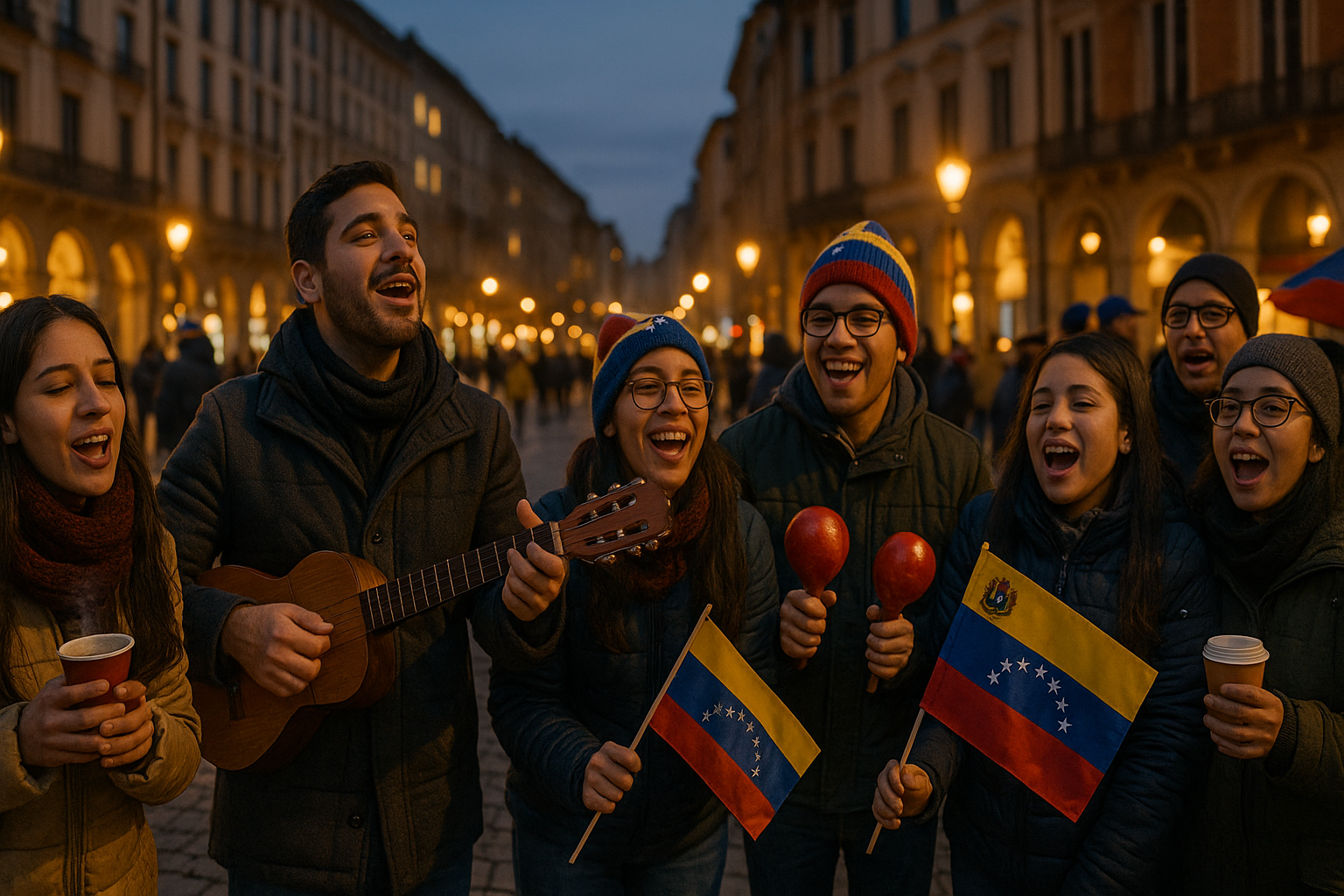 Venezolanos cantando gaitas con maracas y cuatro en una plaza iluminada al atardecer, banderas pequeñas y sonrisas