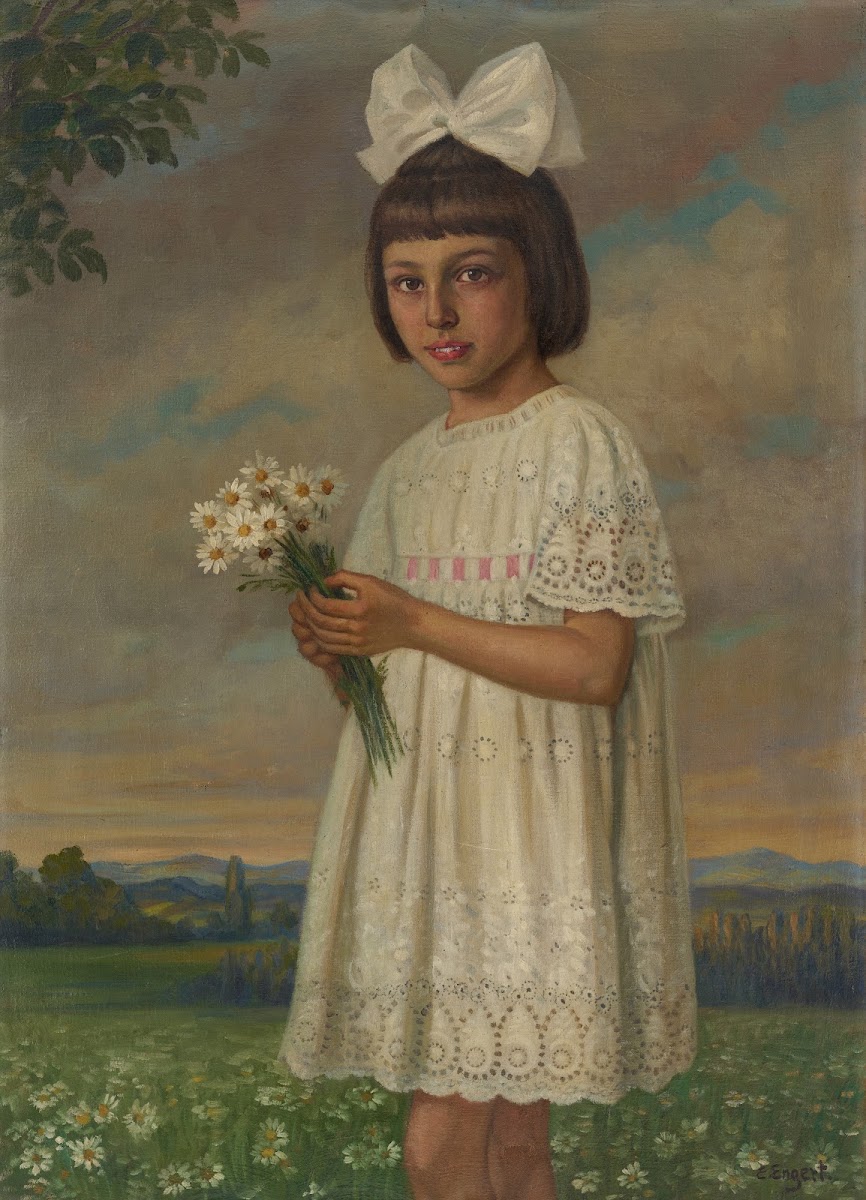 Girl with Bouquet of Daisies set against a Landscape 1920