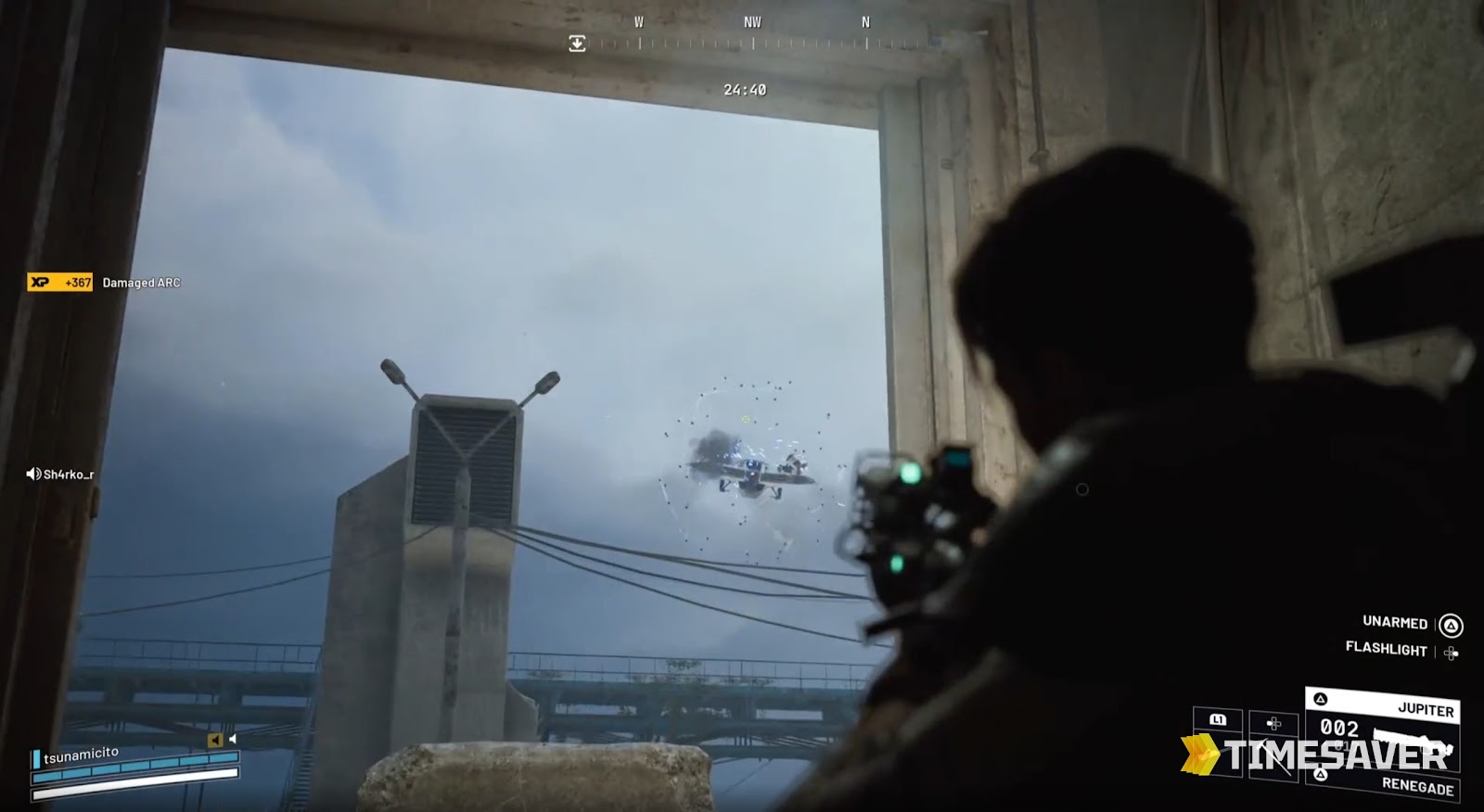 ARC Raiders Raider sniping a flying Vaporizer with a Jupiter from a window in an urban zone