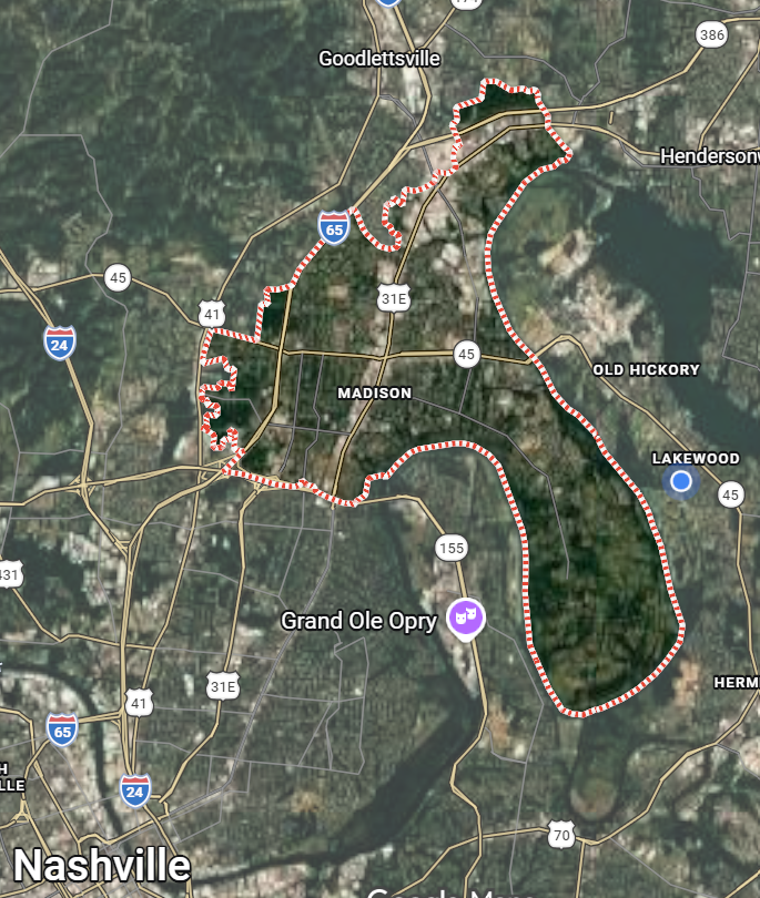 Map showing the Madison area boundary in Nashville, Tennessee.