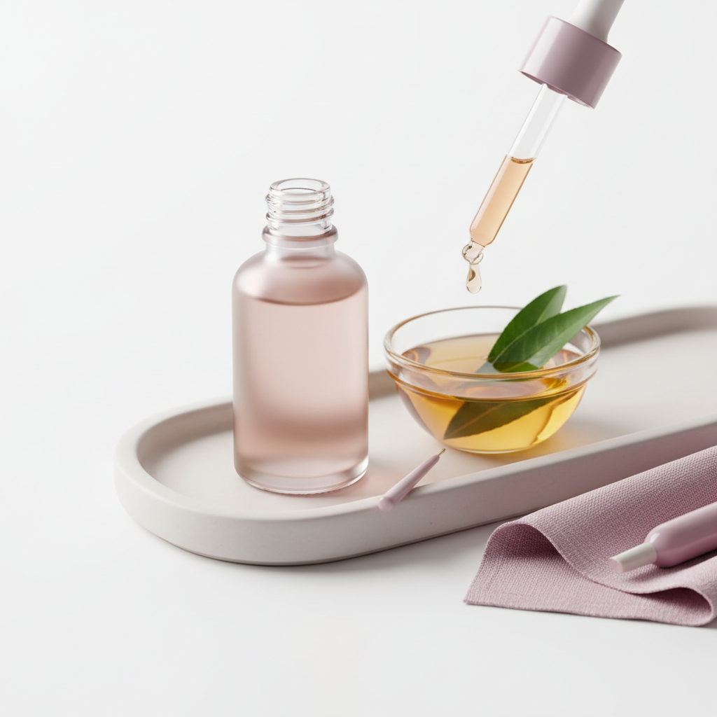 Minimalistisches Stillleben: Keramiktablett mit Nagelhautöl‑Fläschchen ohne Etikett, Glasschale mit warmem Öl und Mandelblättern auf weißem Hintergrund – Wie bekommt man Fingernägel weich?