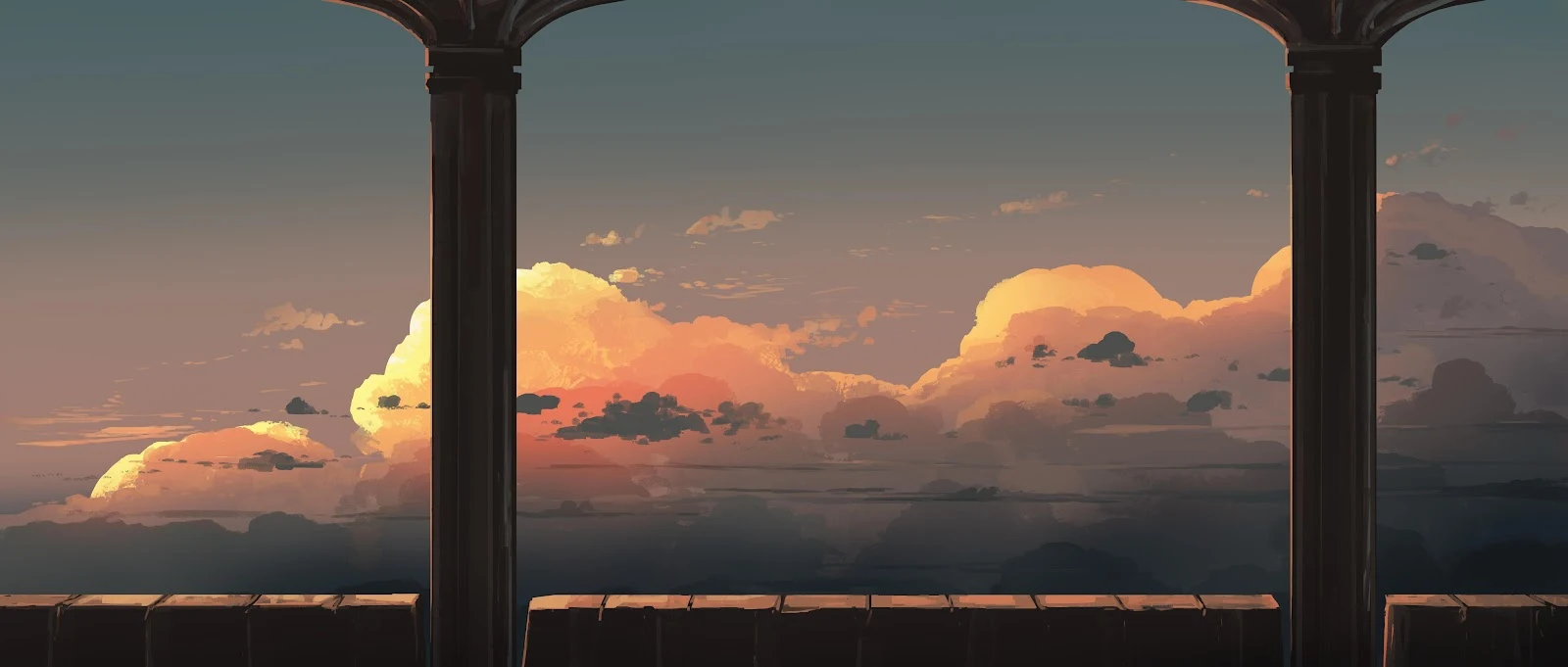Golden Clouds Over Stone Terrace - Anime Digital Art 4K Wallpaper (5640x2400)