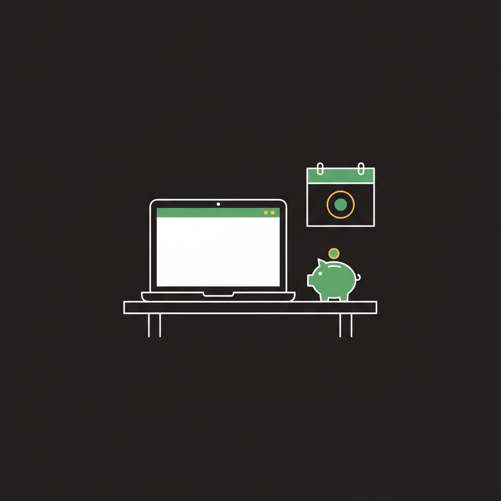 Minimal 2D vector freelancer desk illustration with laptop piggy bank and calendar marked for monthly savings transfers representing wealth building strategies