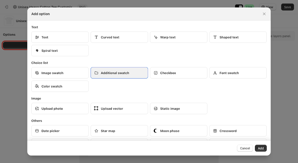 Add option menu with Additional swatch selected under Choice list