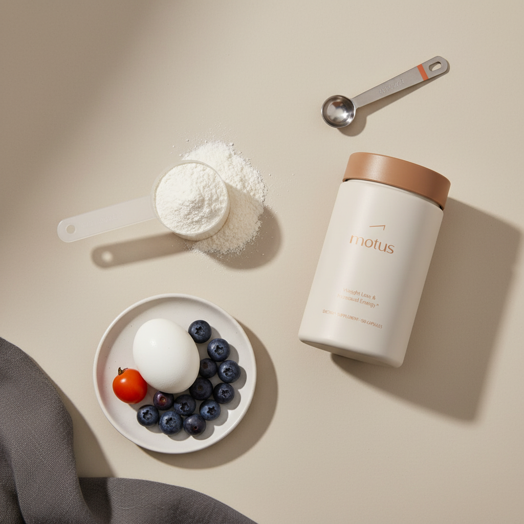 Minimal flatlay of a scoop of protein powder, Tonum Motus supplement bottle, a boiled egg and berries on a neutral Tonum background — protein powder for losing belly fat.
