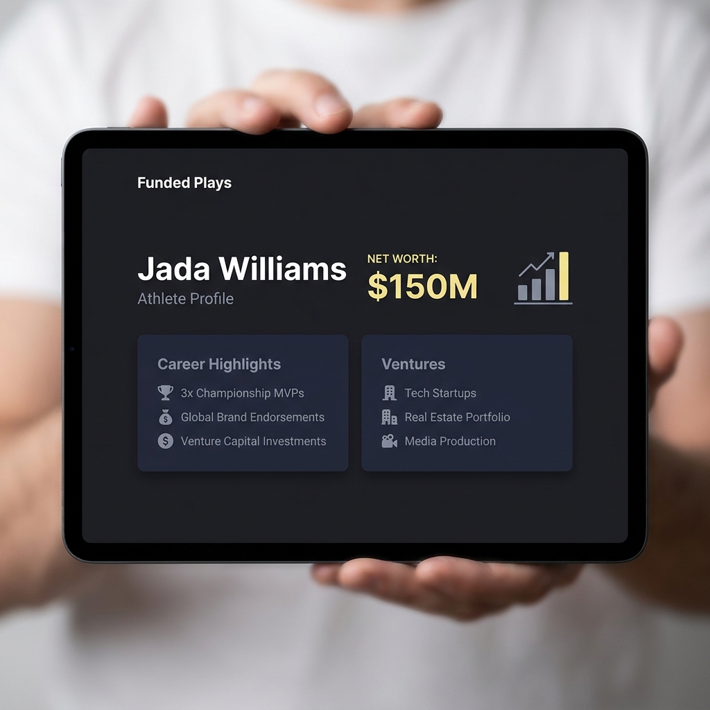 Close up tablet displaying a Forbes style athlete net worth summary on a clean Funded Plays dark background with blurred hands in the background warriors spurs prediction
