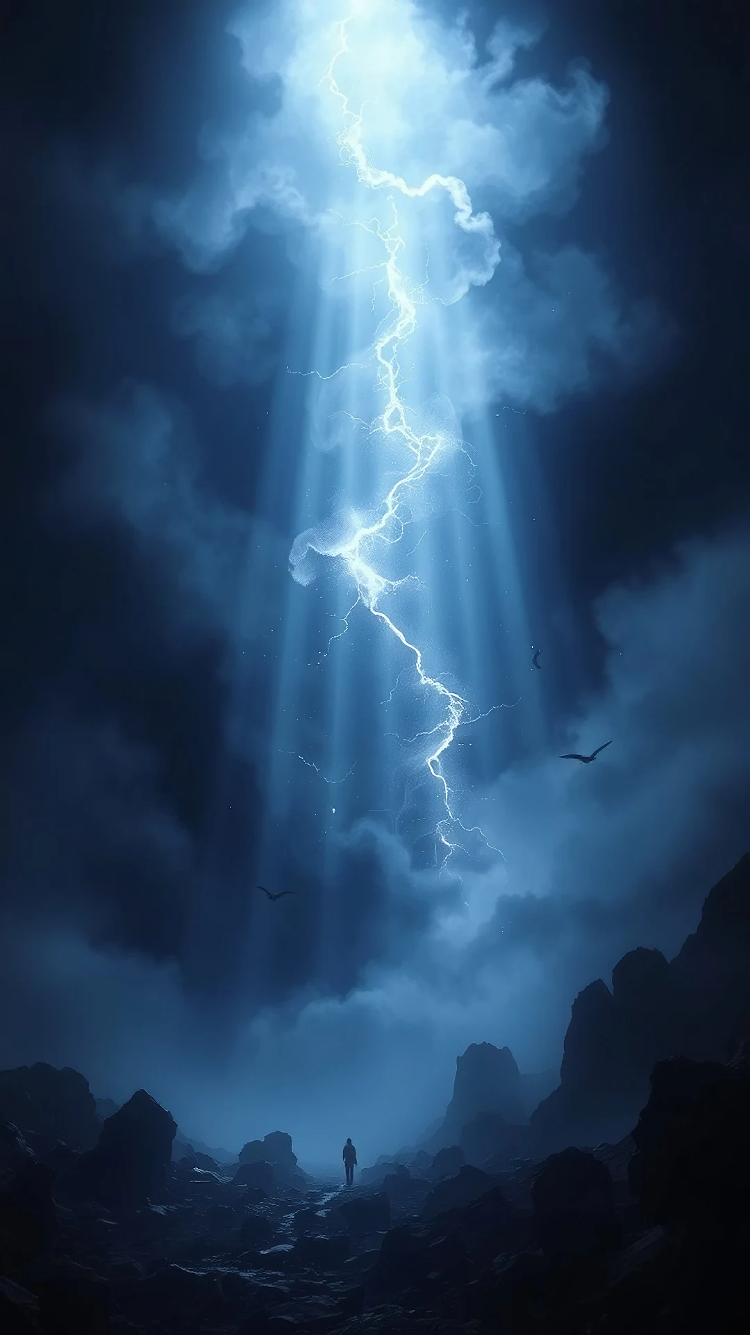 Lone Figure Under Massive Lightning Strike - Free 4K mobile Wallpaper