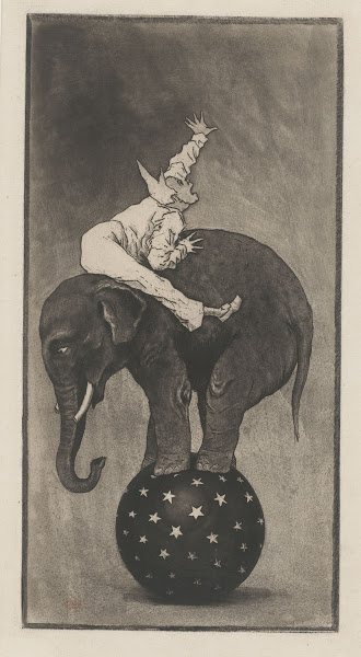 Elephant balancing on a ball with a man on its back 1856 1897