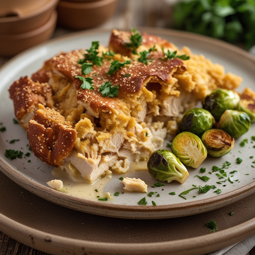 Final Creamy Honey Mustard Pretzel-Crusted Chicken Bake with Roasted Brussels Sprouts