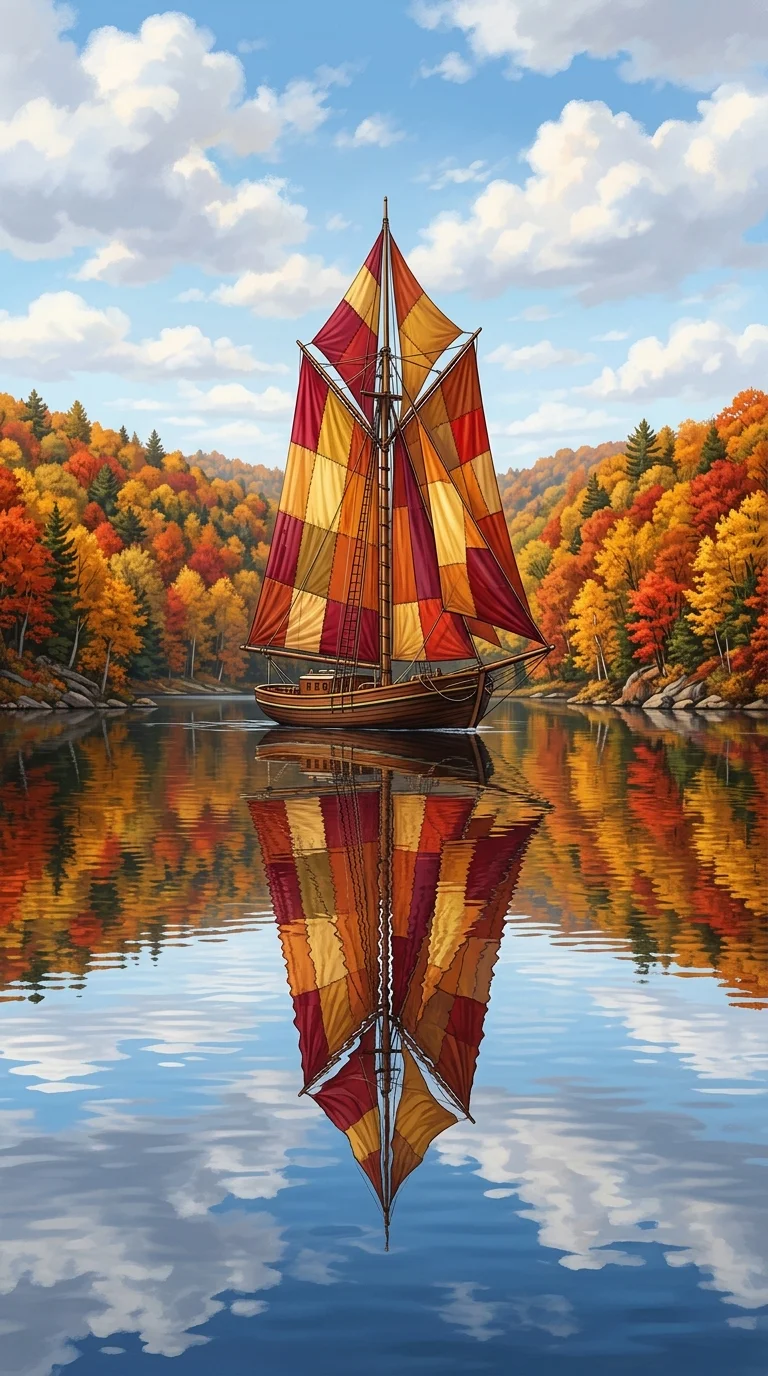 Realistic Colorful Sailboat on Tranquil Autumn Lake - Free 4K mobile Wallpaper