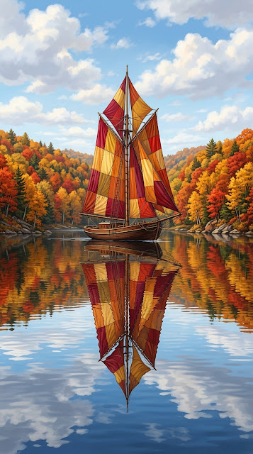 Realistic Colorful Sailboat on Tranquil Autumn Lake - Free mobile Wallpaper