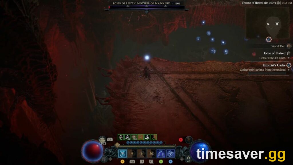 Echo of Lilith Mother of Mankind Phase 2 healthbar and Souls projectiles in the Diablo 4 arena