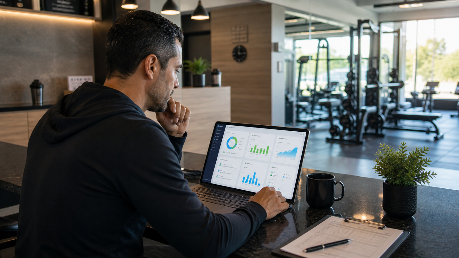 Dueño de gimnasio revisando reportes semanales en un dashboard