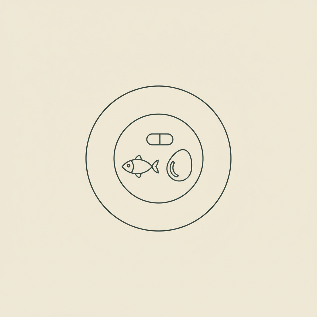 Tonum-style minimalist line illustration of a plate with fish, egg and capsule on a beige background, suggesting nutrition and supplements for What burns menopausal belly fat?