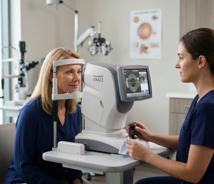 Patient positioned at the iTRACE — a non-contact scan at Dayal Eye Centre