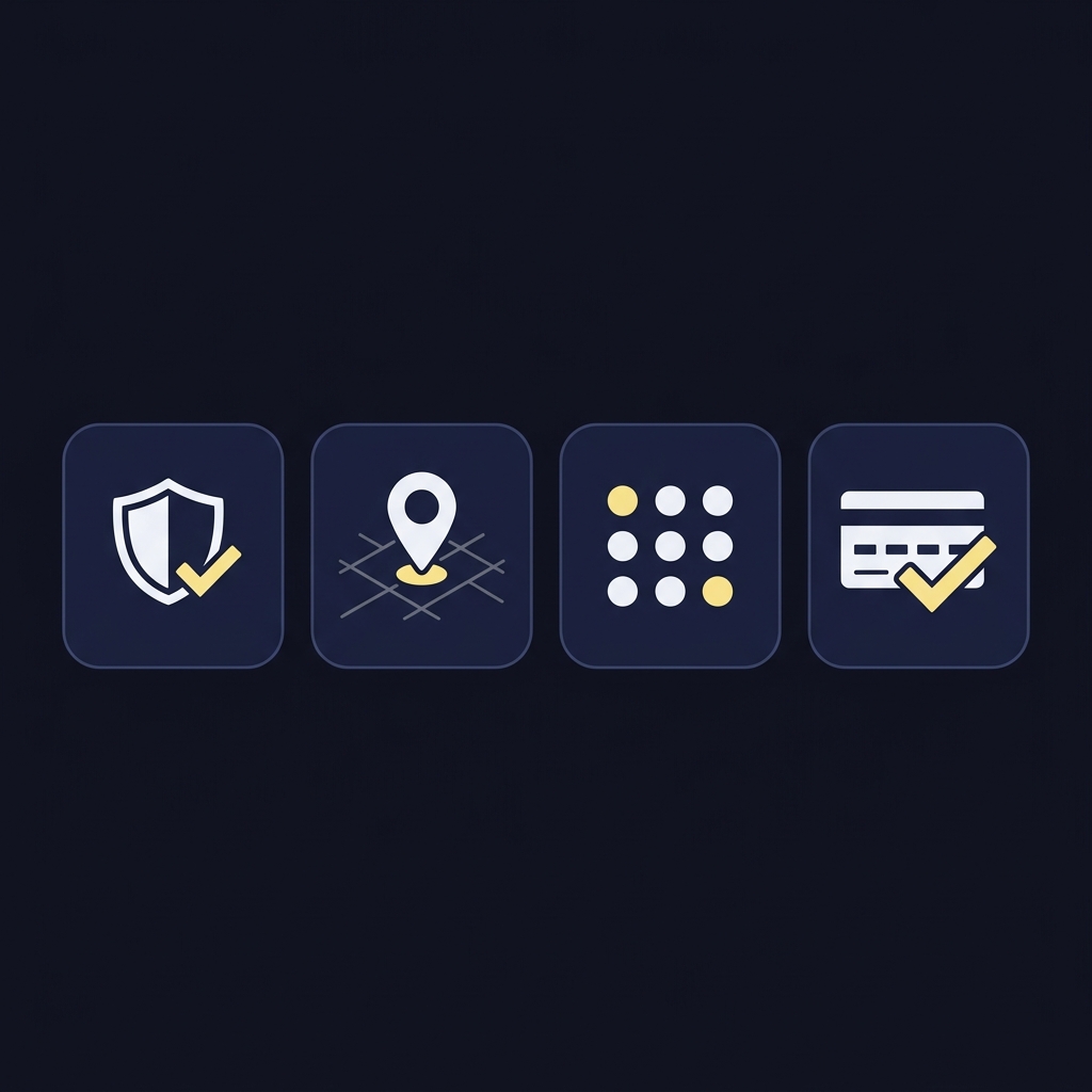 Minimal 2D vector checklist illustration for twinspires betting app showing four icons verify account geolocation enter code confirm credit in Funded Plays color palette