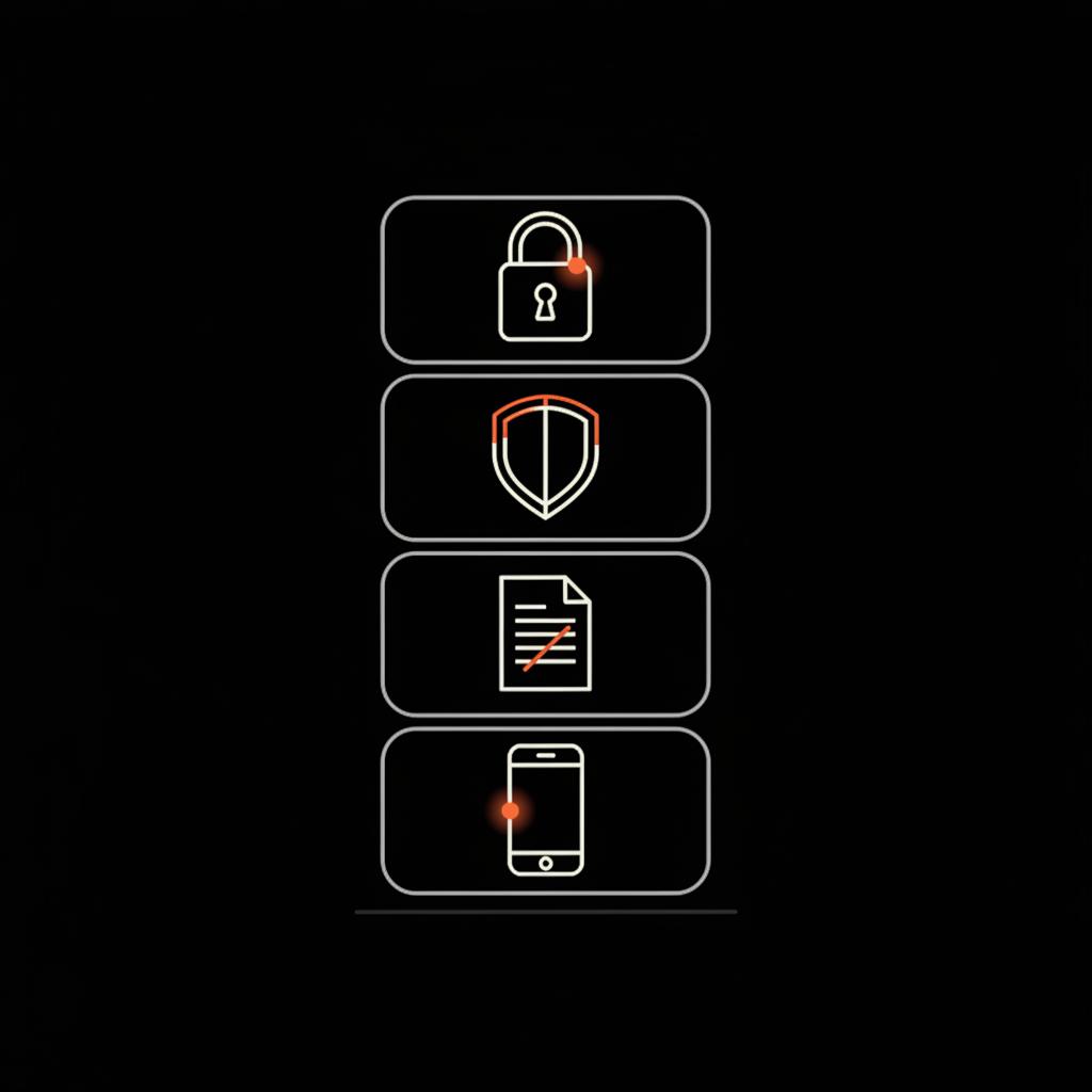 Minimal 2D vector infographic of stacked security icons (lock, shield, document, phone) on black background using Social Success Hub colors for a protected business account in WhatsApp