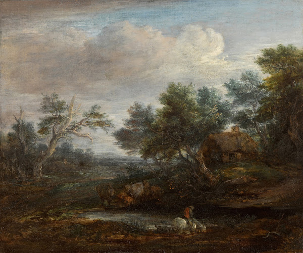 Wooded landscape with a mounted figure on a horse drinking at a pool a thatched