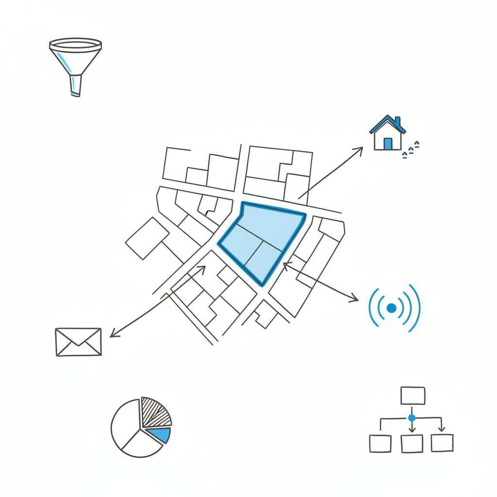 Minimalist vector sketch of a local map highlighting a target ZIP code with icon markers for direct mail, canvassing, and local-services coverage, illustrating how to increase roofing sales