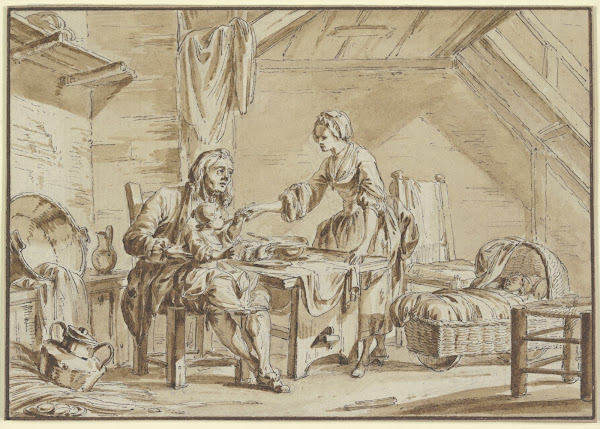 Interieur mit Elternpaar und zwei Kindern