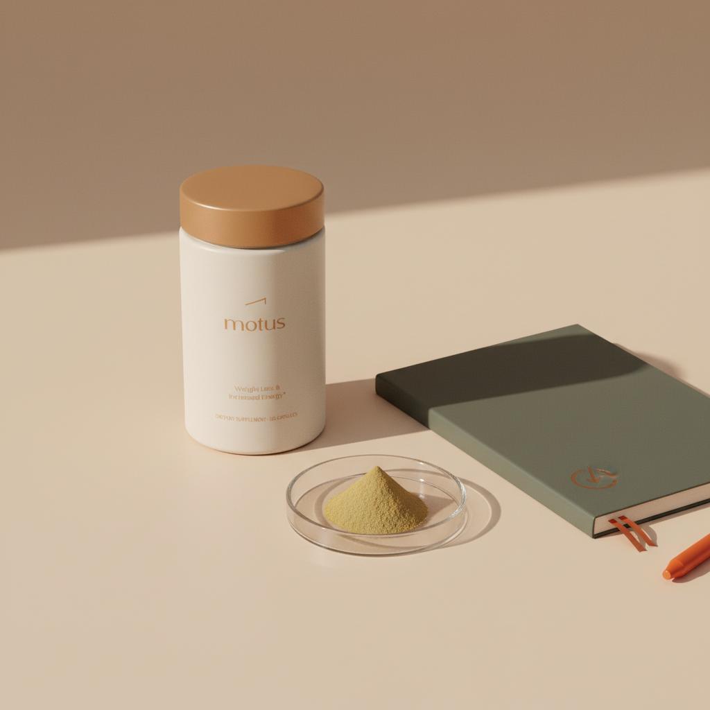 Motus supplement container beside a notebook and Petri dish with yellow-brown berberine powder on a beige #F2E5D5 background — studio study about berberine liver toxicity
