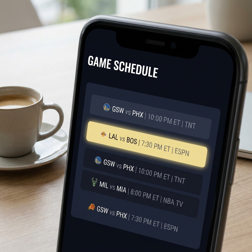 Close crop of a smartphone showing a digital game schedule with tip off times and network listings in a clean Funded Plays style for nba games tonight predictions