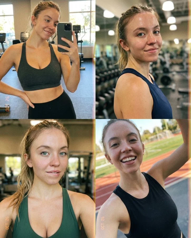 Collage de selfies deportivas de Sydney Sweeney (cuadrícula de 2x2)