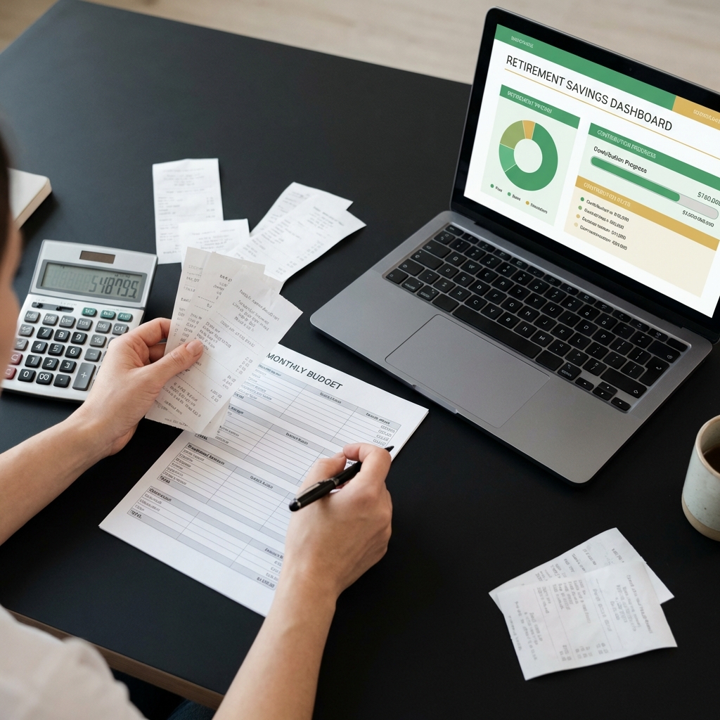 Hands organizing a monthly budget beside a laptop showing a workplace retirement plan dashboard illustrating wealth building strategies