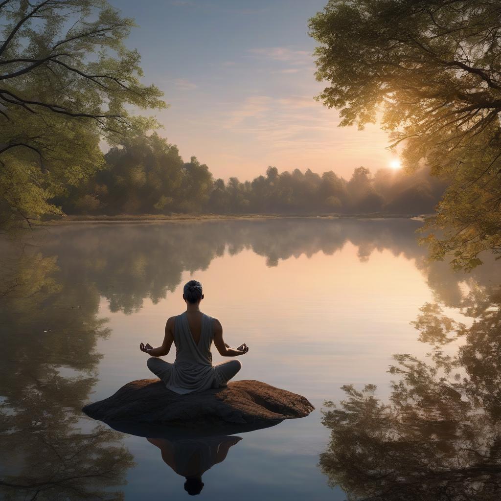person meditating peacefully by a lake at sunrise, reflecting on water