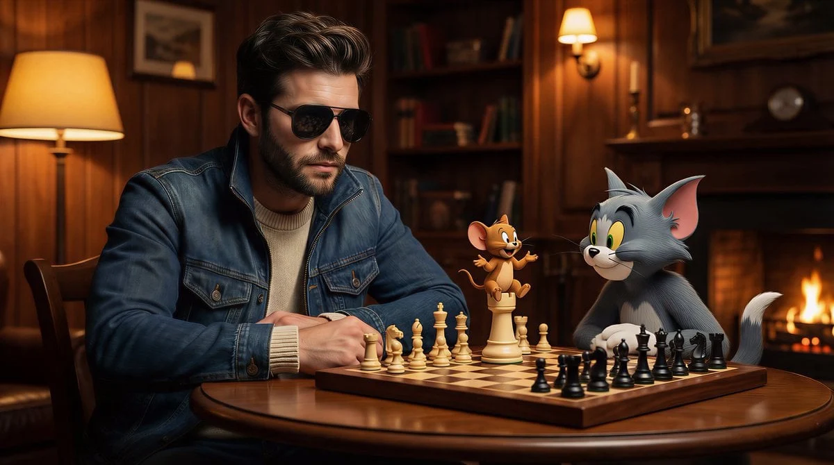 Una escena cinematográfica y ultrarrealista de un hombre elegante con gafas de sol y chaqueta vaquera, sentado en una mesa redonda...