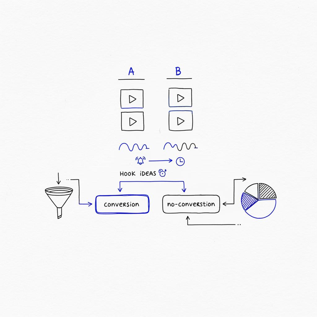 Minimal vector notepad sketch of A/B testing thumbnails, hook ideas and conversion flows for TikTok affiliate marketing, ink lines #39383f with #1a5bfb accents on white background