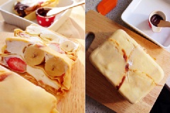 Cuối cùng, bạn phủ kín lại bằng 4 miếng bánh rồi cho vào tủ lạnh khoảng 30-40 phút là có thể ăn được. Khi ăn, bạn đun nóng chocolate để làm sốt ăn kèm nữa nhé!