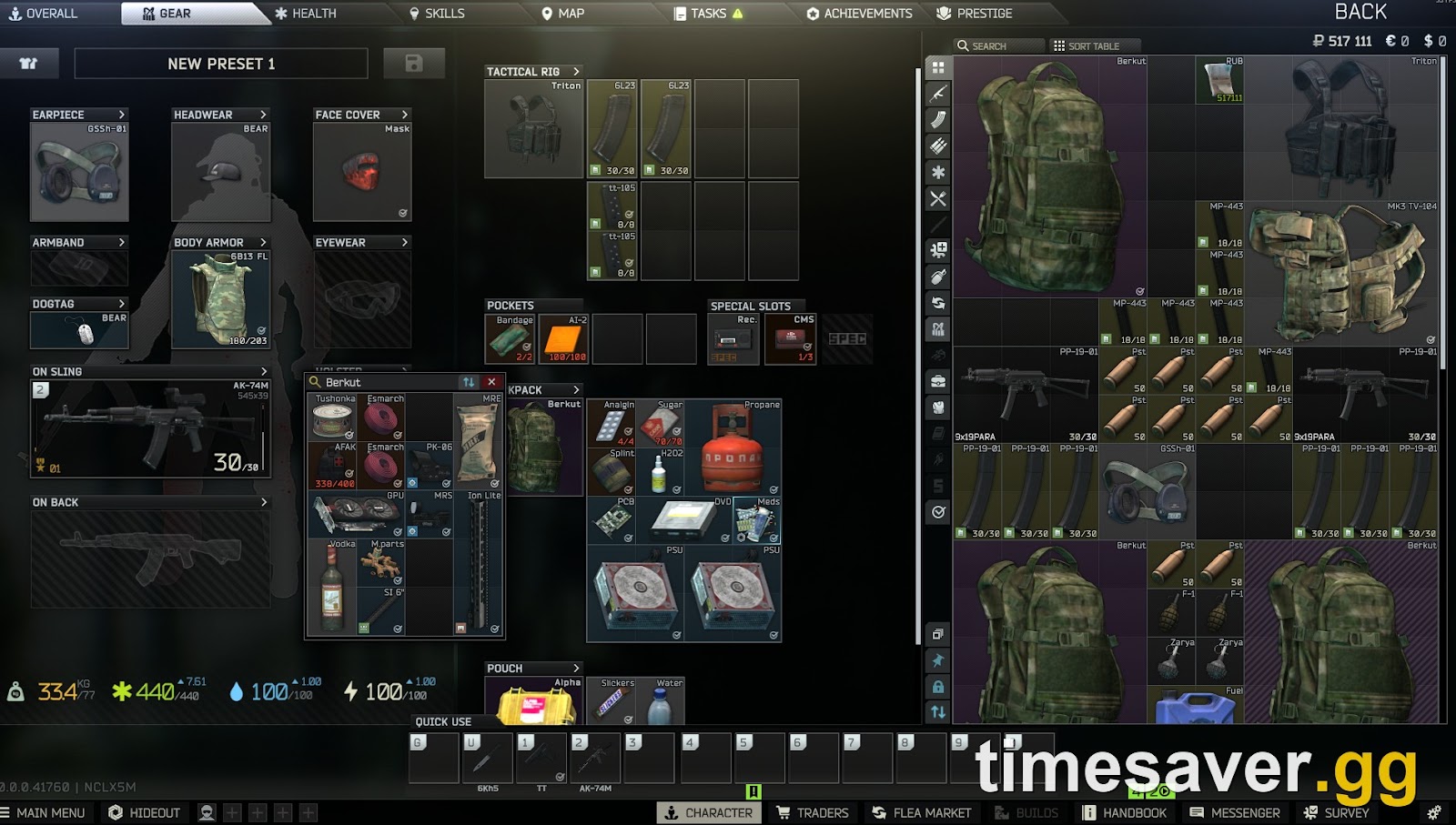 A Tarkov character gear and inventory screen showing a stacked loadout and rouble balance — with the Flea off, everything you carry is only worth what traders will pay