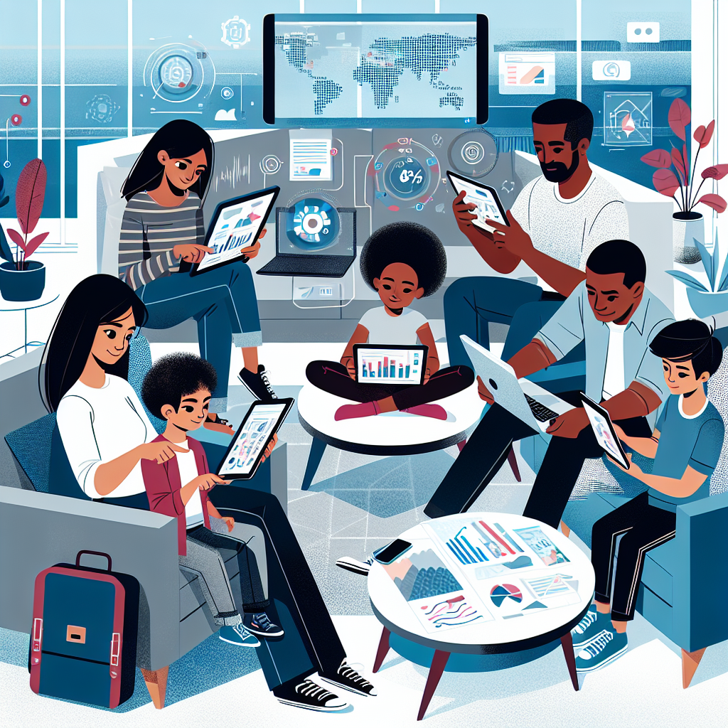 Ilustração de uma família usando tecnologia para planejar uma viagem, cercada por dispositivos digitais