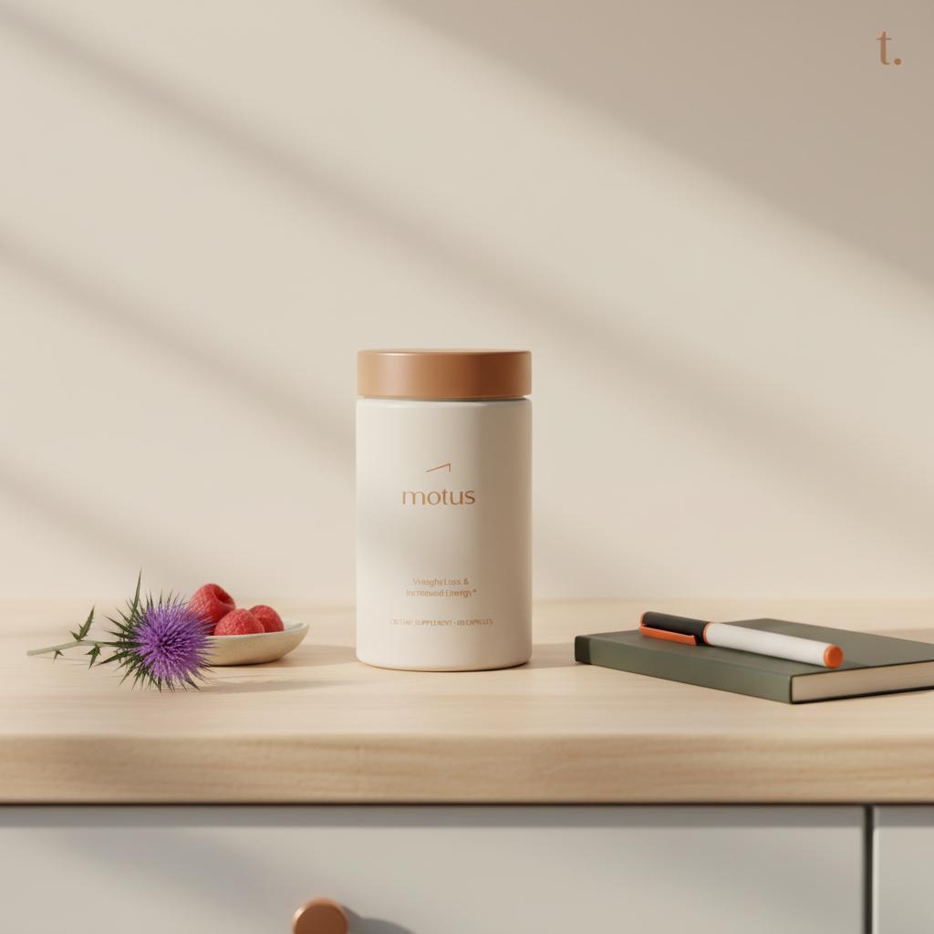 Motus supplement jar on a minimalist kitchen counter with notebook, pen, berries and milk thistle, conveying a simple morning routine and safe weight loss pills