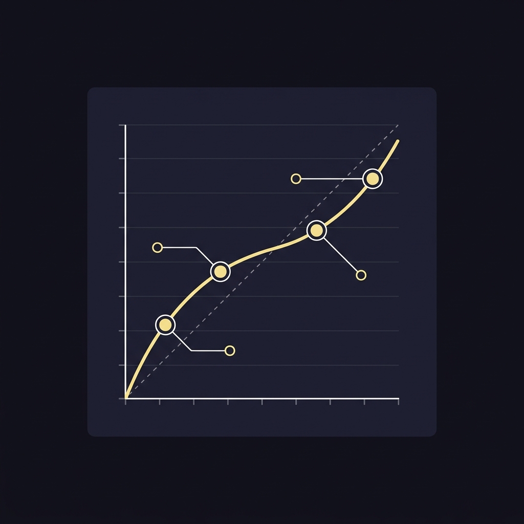 How to Analyze Upset Potential minimalist vector reliability diagram showing calibration curve and diagonal reference line with highlighted underdog bins on Funded Plays dark background 10101a