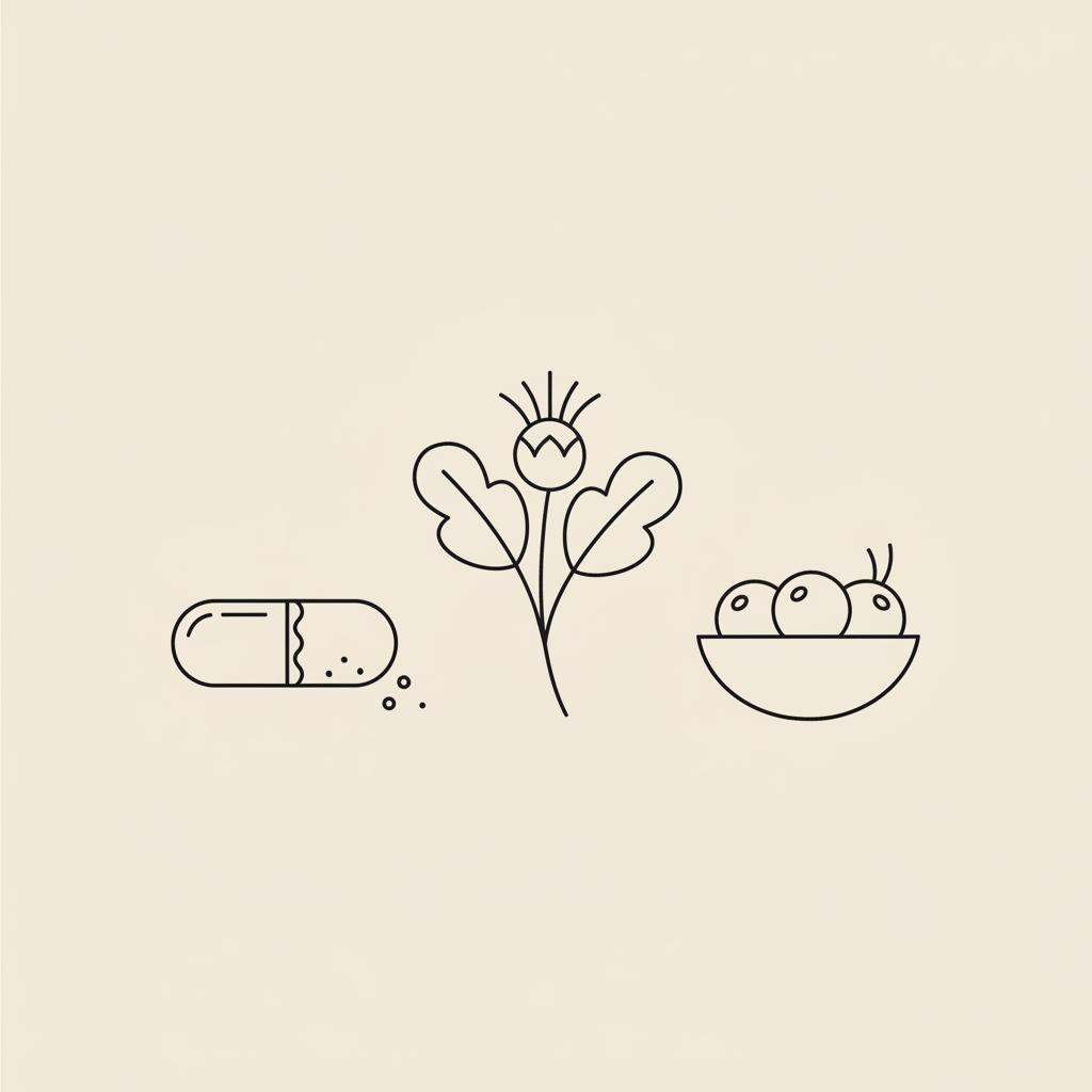 Minimal Tonum-style vector line illustration of a capsule, milk thistle sprig, and bowl of berries on beige background, representing weight loss supplements for women.