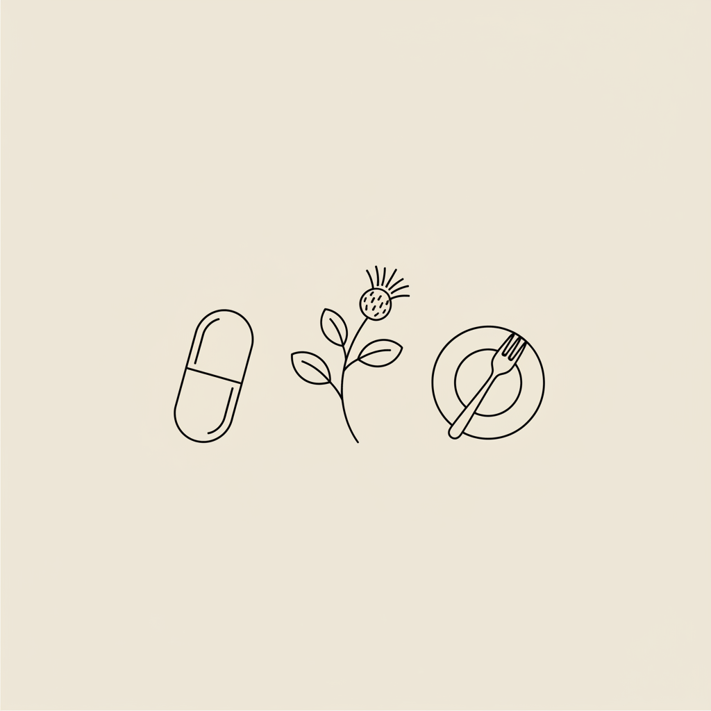 Minimal Tonum-style vector of a capsule, milk-thistle sprig and small plate with fork on beige background — Which medicine is best for weight loss for females