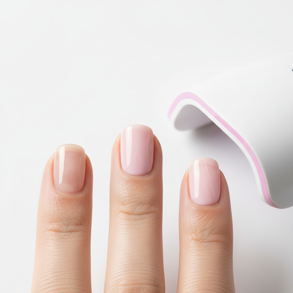 Wie mache ich Gel Nägel zu Hause? Nahaufnahme von drei Fingernägeln auf weißem Hintergrund: einer mit Basecoat, einer mit dünner Pastellfarbschicht, einer wird unter kleiner LED-Lampe gehärtet, minimalistisch.