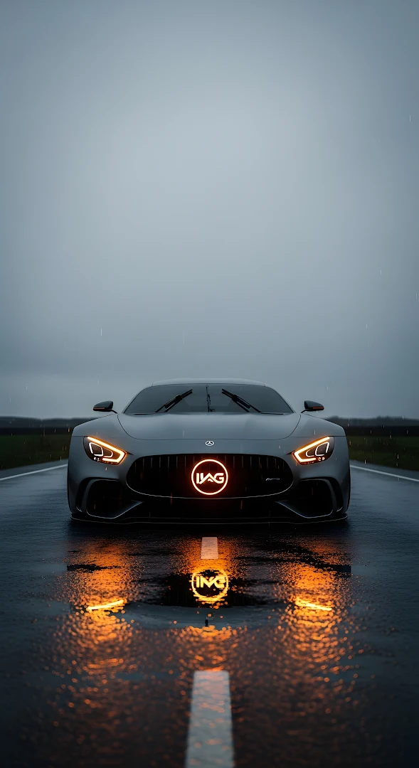 Mercedes AMG GT Sports Car Glowing Logo Rain Reflection